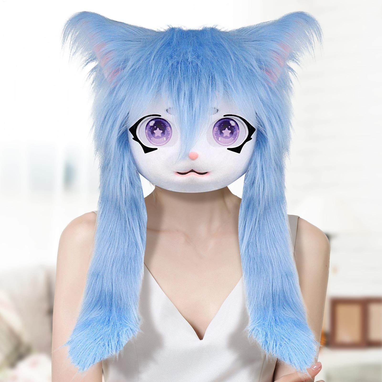 Cabezas peludas para cosplay, máscara de gato con ojos grandes, pelo largo, accesorio de disfraz realista, accesorios de cosplay para actuaciones de teatro, fiesta de Halloween, bailes de máscaras