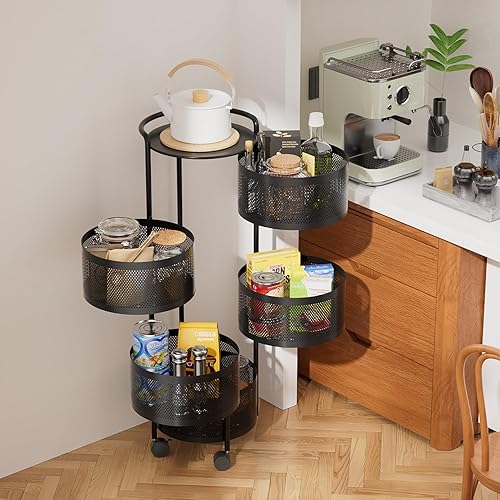 Miniatura 2 de JAQ Canasta giratoria de frutas, de metal resistente, almacenamiento multinivel de cocina, no requiere montaje, con ruedas, para frutas, verduras,