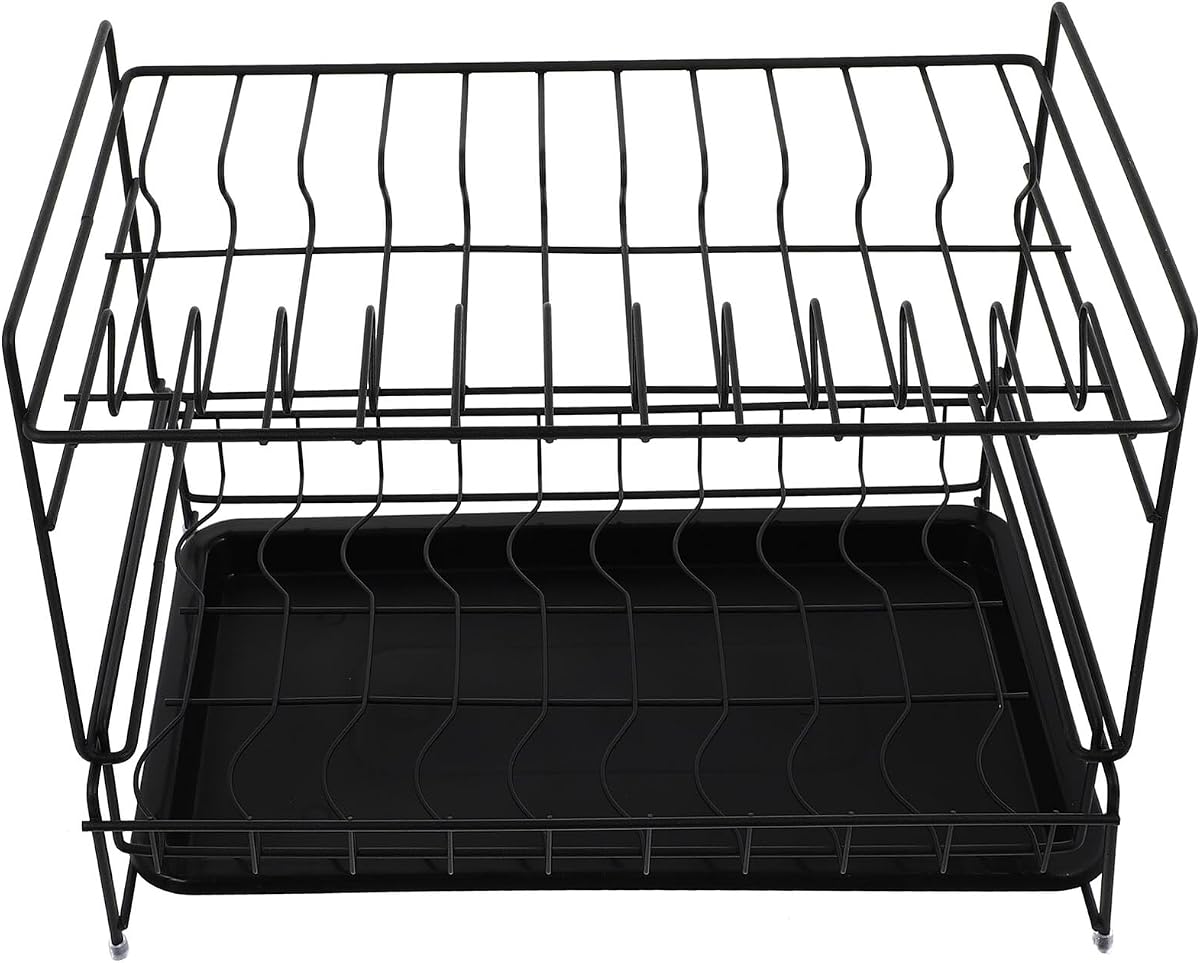 PRETYZOOM Double-Deck Kitchen Dish Drying Rack with Drip Tray, Black Steel Storage Holder for Plates and Bowls, Over Sink Draining Organizer for Countertop Use