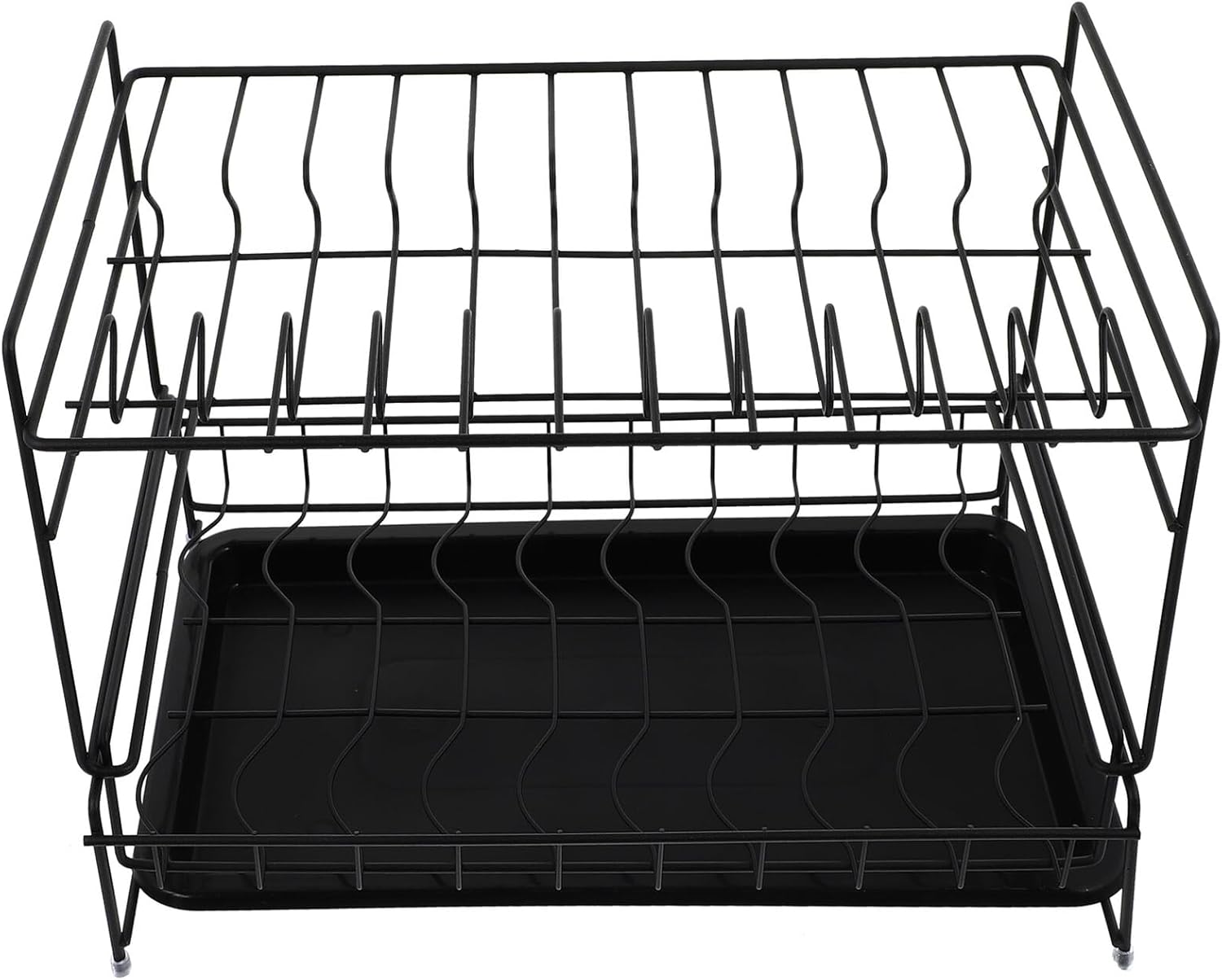 TIDTALEO Black Double-Layer Kitchen Dish Rack with Drain Tray, Multi-Functional Plate and Bowl Storage Shelf, Space-Saving Kitchen Storage Holder for Sink Organization