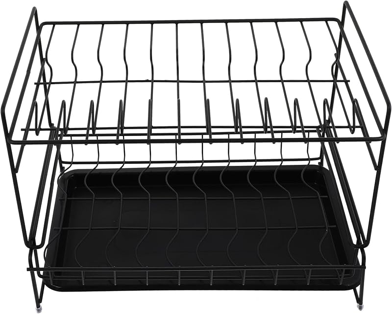PRETYZOOM Double-Deck Kitchen Dish Drying Rack with Drip Tray, Black Steel Storage Holder for Plates and Bowls, Over Sink Draining Organizer for Countertop Use