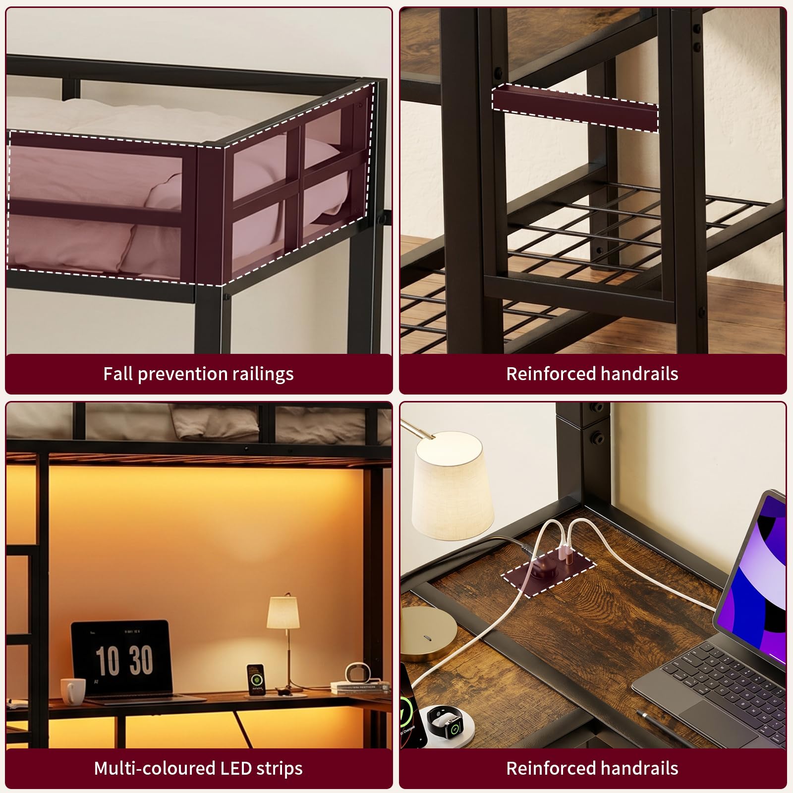 EGGREE Letto a Soppalco 90x200 cm con Scrivania a L, Presa e USB, Letto in Metallo con Appendiabiti, Scarpiera e Ripiani, Letto Salvaspazio per Cameretta, Nero