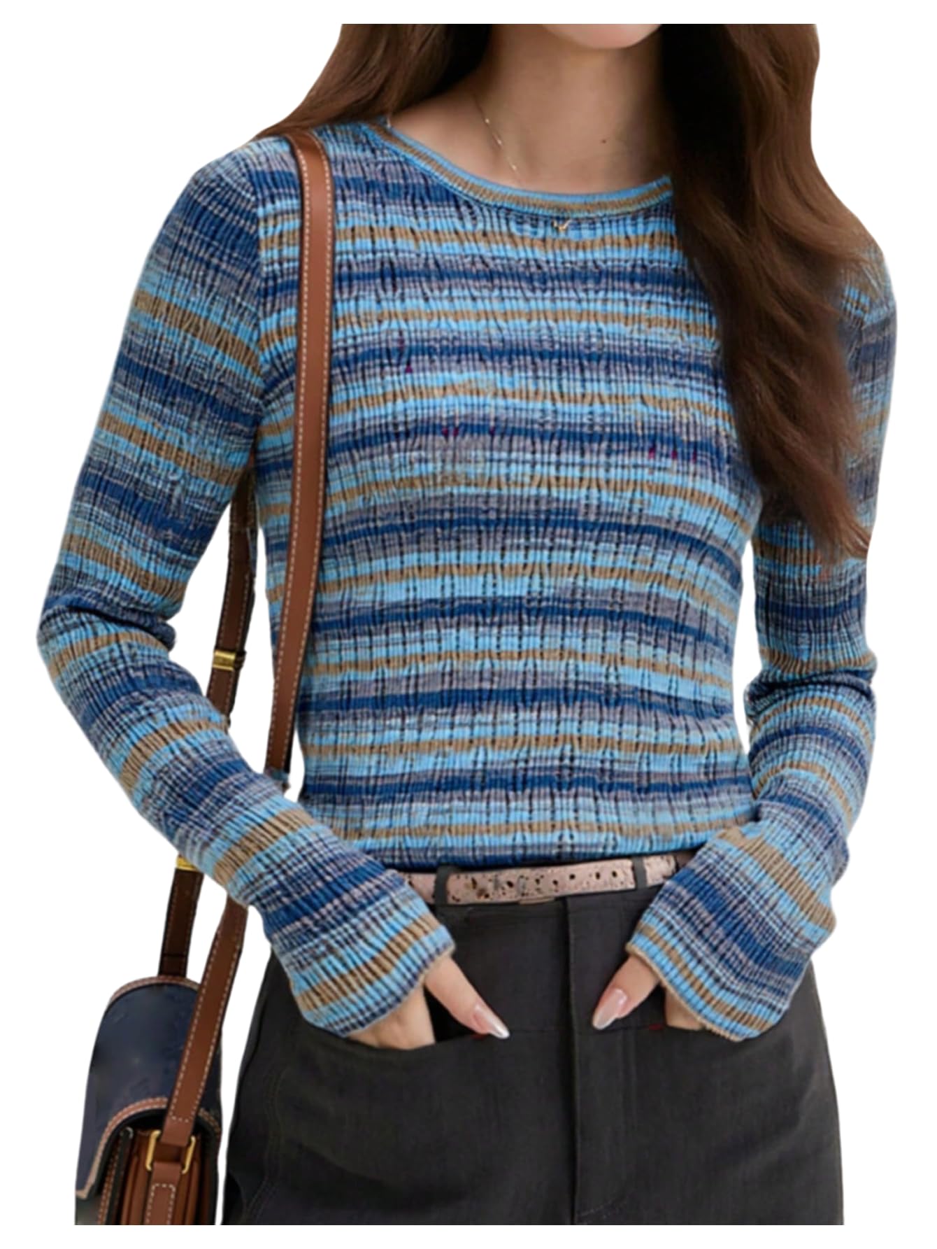 MakeMeChic Womens Striped Crew Neck Sweater Long Sleeve Lightweight Pullover Tops