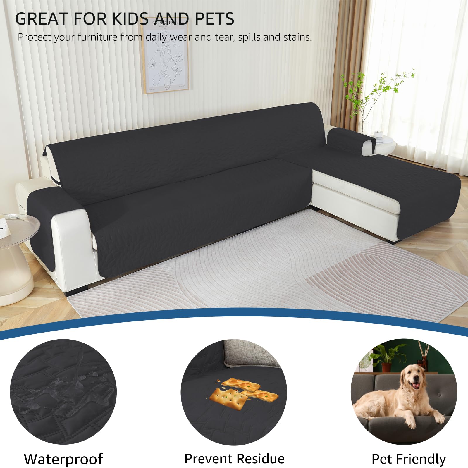 Ystyle Funda Sofa Chaise Long 3 Plazas, Funda Chaise Longue Izquierdo Derecho, Cubre Sofa Chaise Longue Impermeable, Funda Sofa L Gatos, Funda De Sofa Chaise Longue (255cm, Negro)