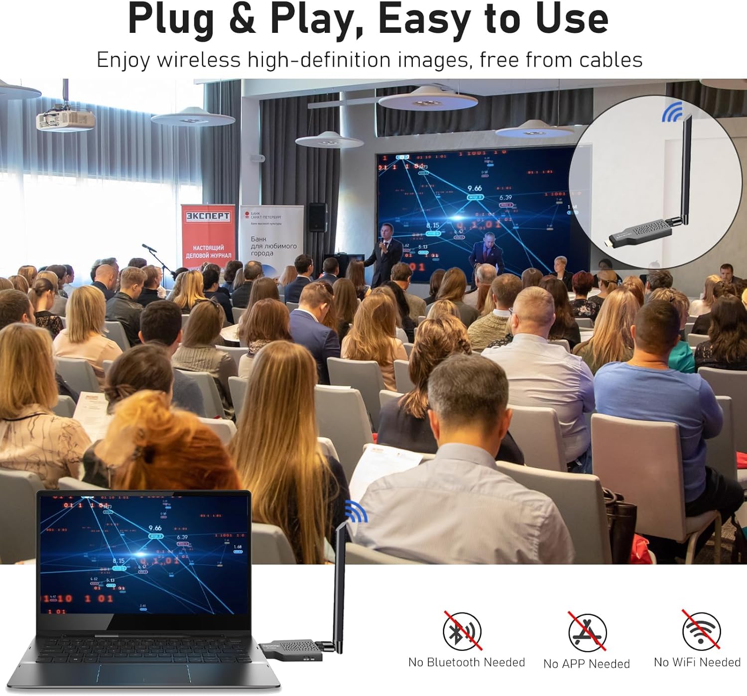 Tendak Wireless HDMI Transmitter and Receiver 164ft/50m, 4K Decode 1080P Output, 2.4/5.8G Plug & Play Wireless HDMI Extender for Streaming Video and Audio to Monitor, for Laptop/TV Box/PC