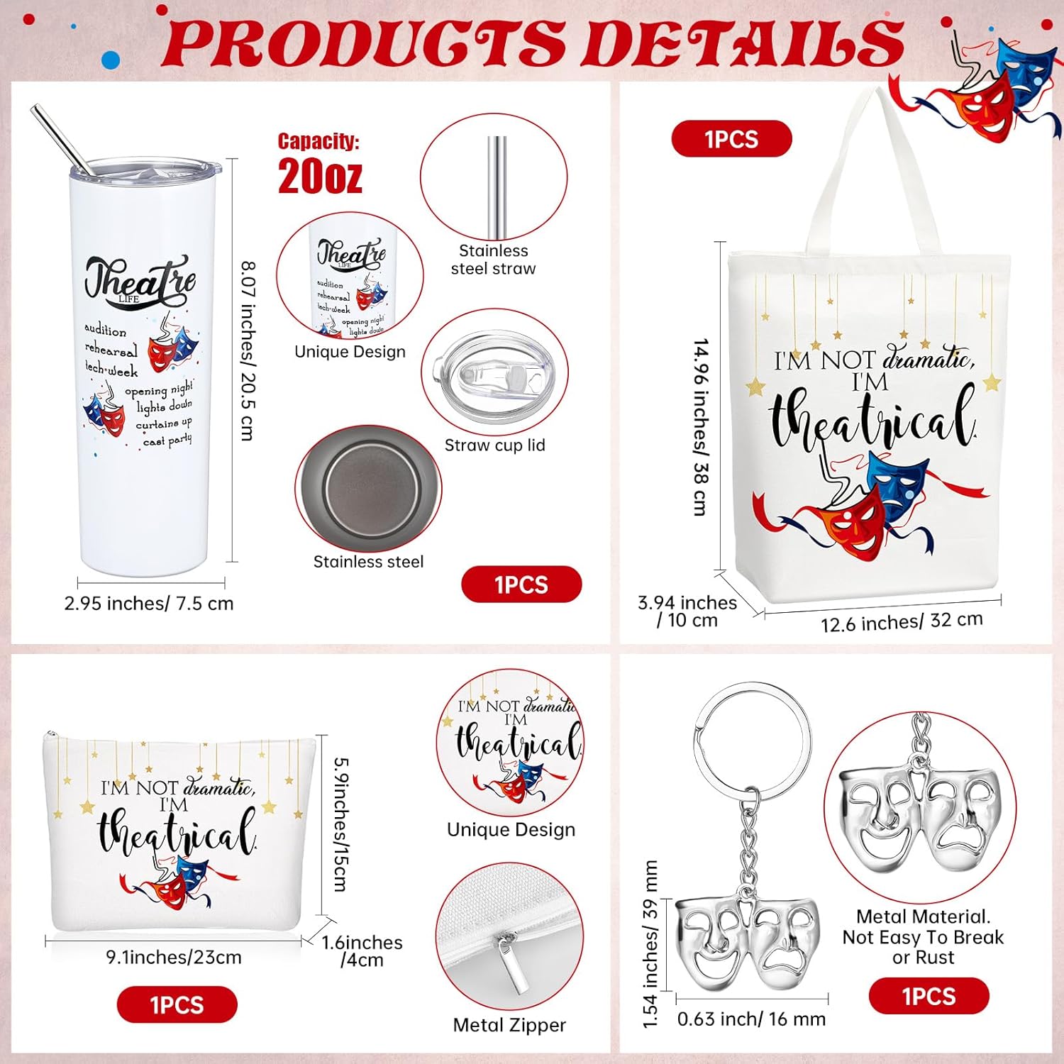 4 Pcs Theatre Gift for Women Includes Musical Comedy Mask Canvas Bag Makeup Bag Keychain 20 oz Tumbler with Lid and Straw Musical Theater Themed Teacher Appreciation Gift for Teacher Lovers - Image 2