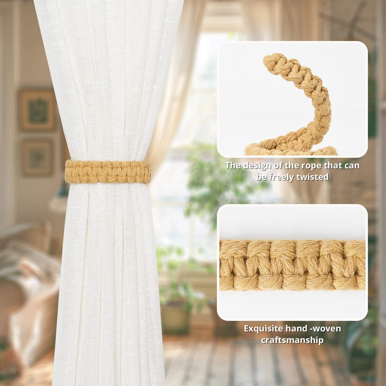 Pretty Jolly 4 Pack Natural Cotton Rope Curtain Tiebacks Farmhouse Rustic Style Decorative Drape Tie Backs Handmade Braided Curtain Holdbacks for Home Sheer/Light Weight Drapery (C-khaki-S) - Image 3
