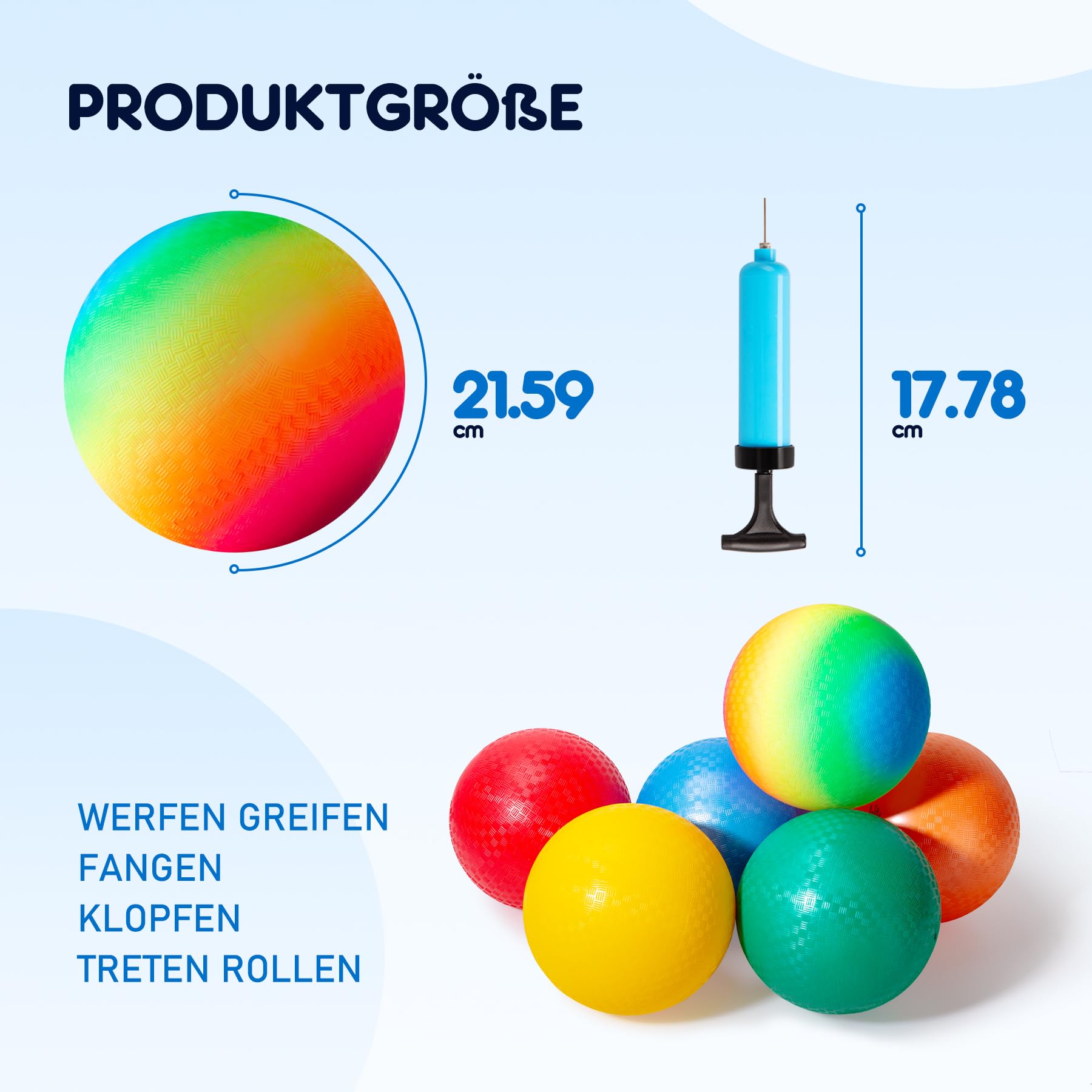 U&C Planet 12er Set Spielplatzbälle 21.5cm, Softbälle&Völkerball für Kinder | Regenbogen-Gummibälle für Dodgeball & Kickball – Rutschfeste Noppenbälle für Schulsport Garten Strand Pool, inkl. Luftpumpe