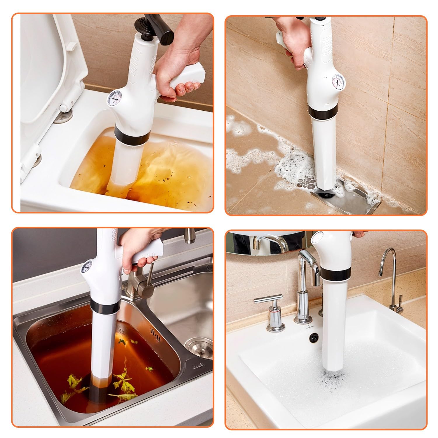 Desatascador WC a Presion con Manometro Visivo, Desatascador Tuberias Profesional con 4 Ventose, Desatascador AIRE Comprimido, per WC, lavandino, Vasca da Bagno