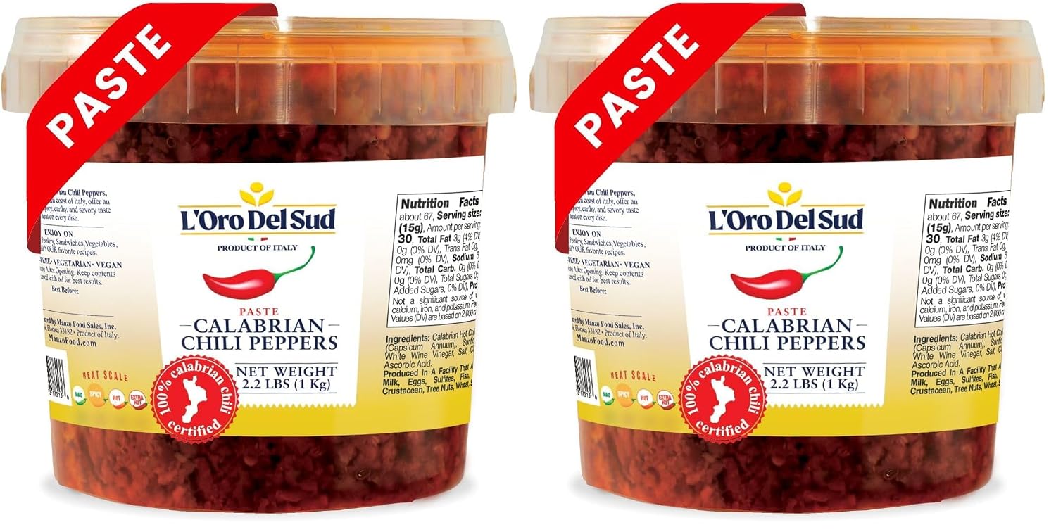 L'Oro Del Sud Calabrian Chili Pepper Paste, No Seeds, Smooth, 2.2 lb (1 Kg) (Pack of 2)