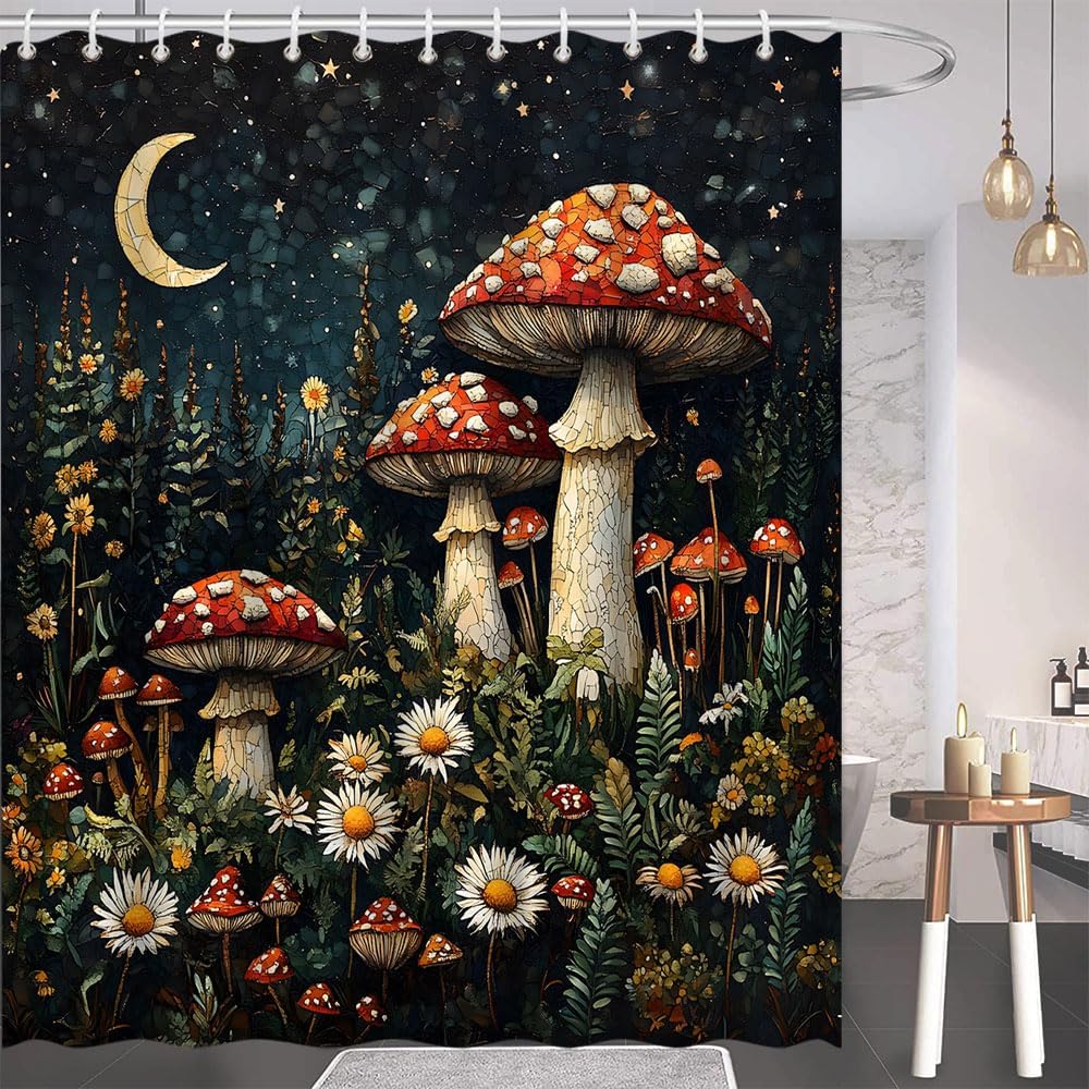 Mushroom Shower Curtain Red Mushrooms White Daisies Boho Moonlit Forest Abstract Starry Art Bathroom Polyester Curtains Set with Hooks 70x84 Inch