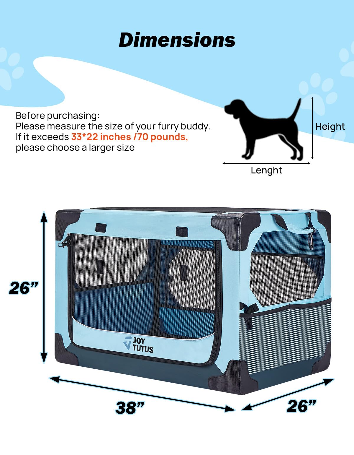 JOYTUTUS Cage pliable pour chien de 94,4 cm – Cage de transport portable pour voiture – Cage de voyage pliable pour grand chien de 31,8 kg – Sac de transport souple pour intérieur et extérieur/coffre