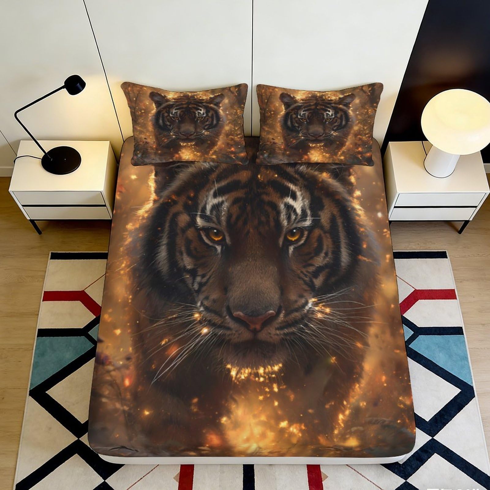 3D Printed Tiger Fire Pattern Fitted Sheet Microfiber Mattress Cover Anti-Slip Machine Washable for Bedroom Guest Room Decor 180x200x25cm