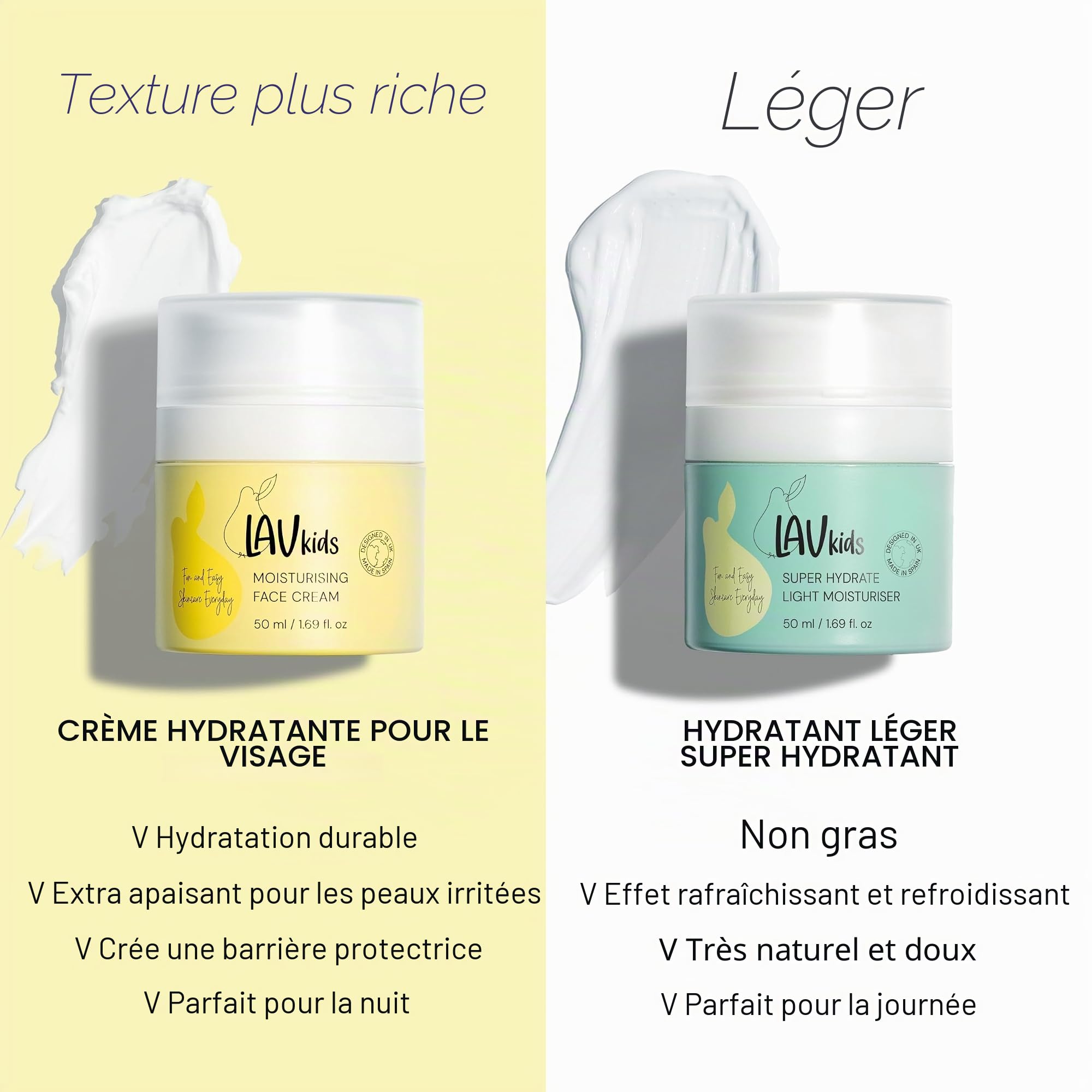 LAV KIDS Lot de 3 soins de la peau pour enfants, mousse nettoyante 100 ml, crème pour le visage 50 ml, protection solaire SPF 50 50 ml, avec bandeau et pochette en filet (hydratation)