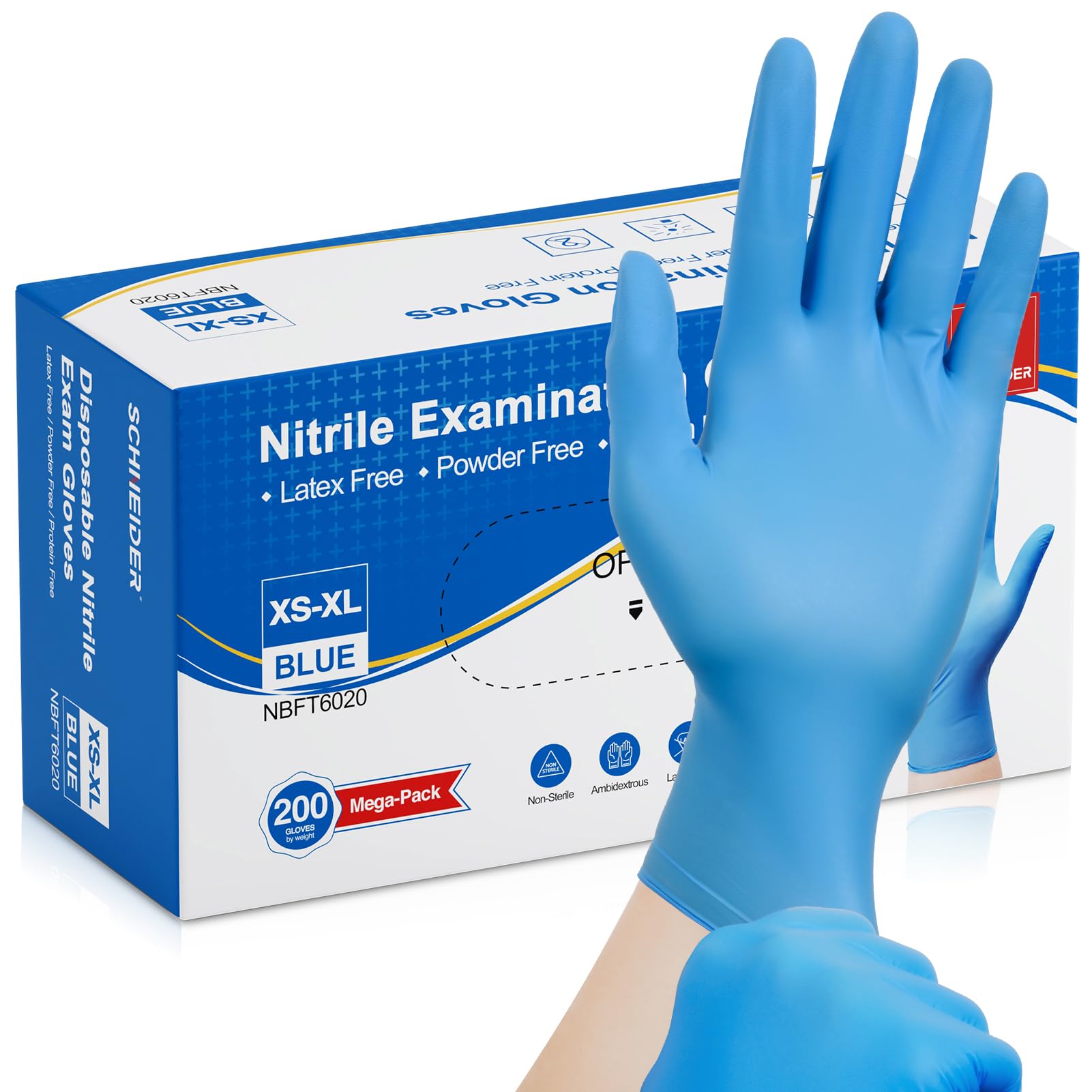 Schneider Nitrile Exam Gloves, Blue Disposable Gloves, Medical Grade, Food Grade, Latex Free