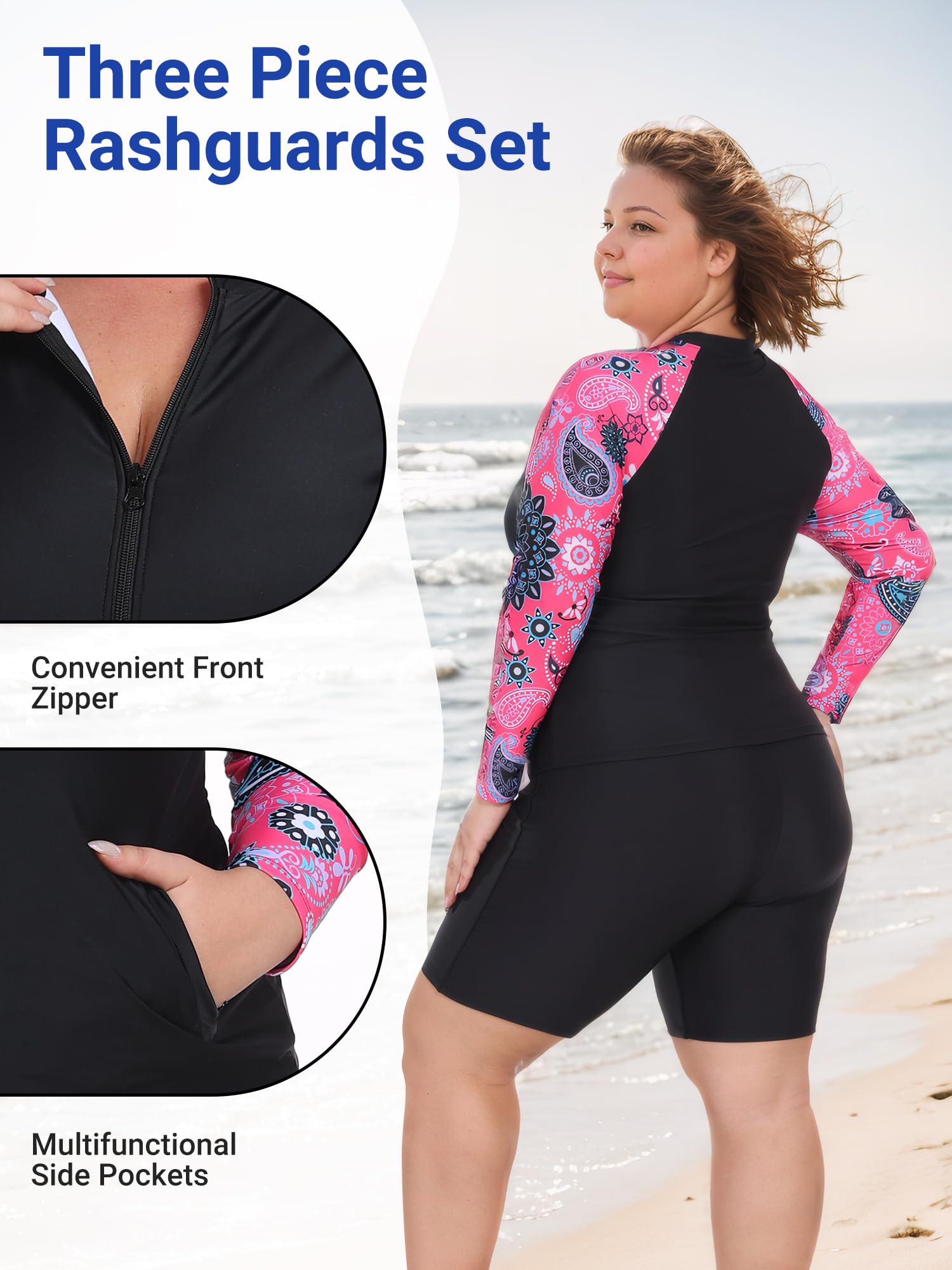 Owntop Maillot de bain 2 pièces UPF 50+ à manches longues avec fermeture éclair et short taille haute pour femme Natation Surf
