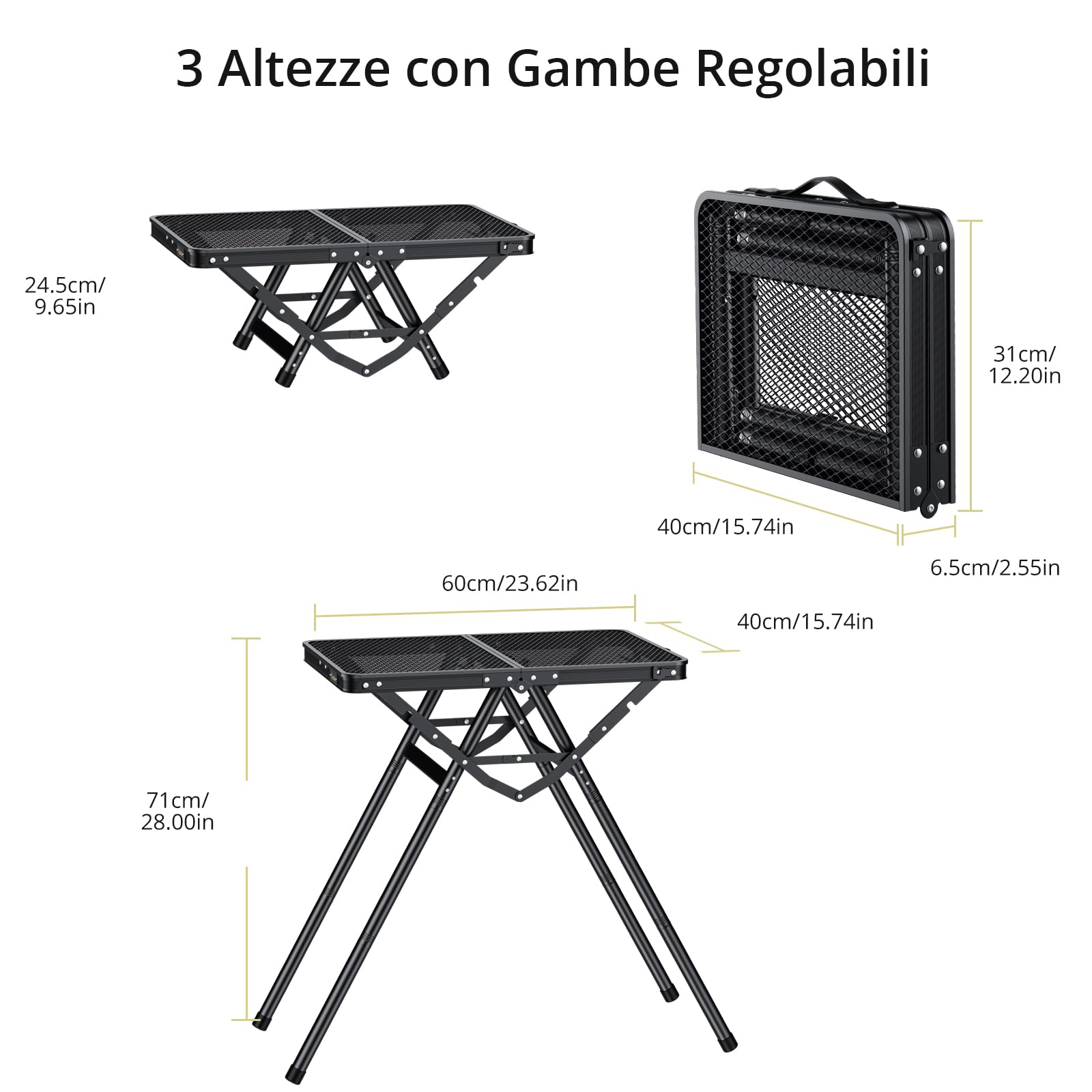 Anbte Tavolino X in Rete per Campeggio/Picinc/Balcone/Mercatini Tavolo Pieghevole Portatile 60 * 40 * 71 Multifunzione Tavoli da Caffè Salvaspazio Altezza in Alluminio-Nero