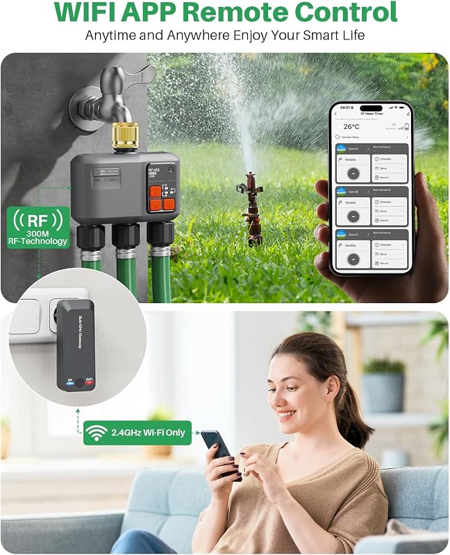 Controler inteligent pentru irigare prin Wi-Fi johgee cu 3 ieșiri, intrare din alamă, temporizator automat pentru grădină, compatibil cu Alexa și Smart Life