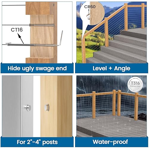 Miniatura 3 de Muzata Juego de barandillas invisibles de 18 pulgadas, tensor y terminal oculto de acero inoxidable T316 roscado para postes de metal de madera de 2