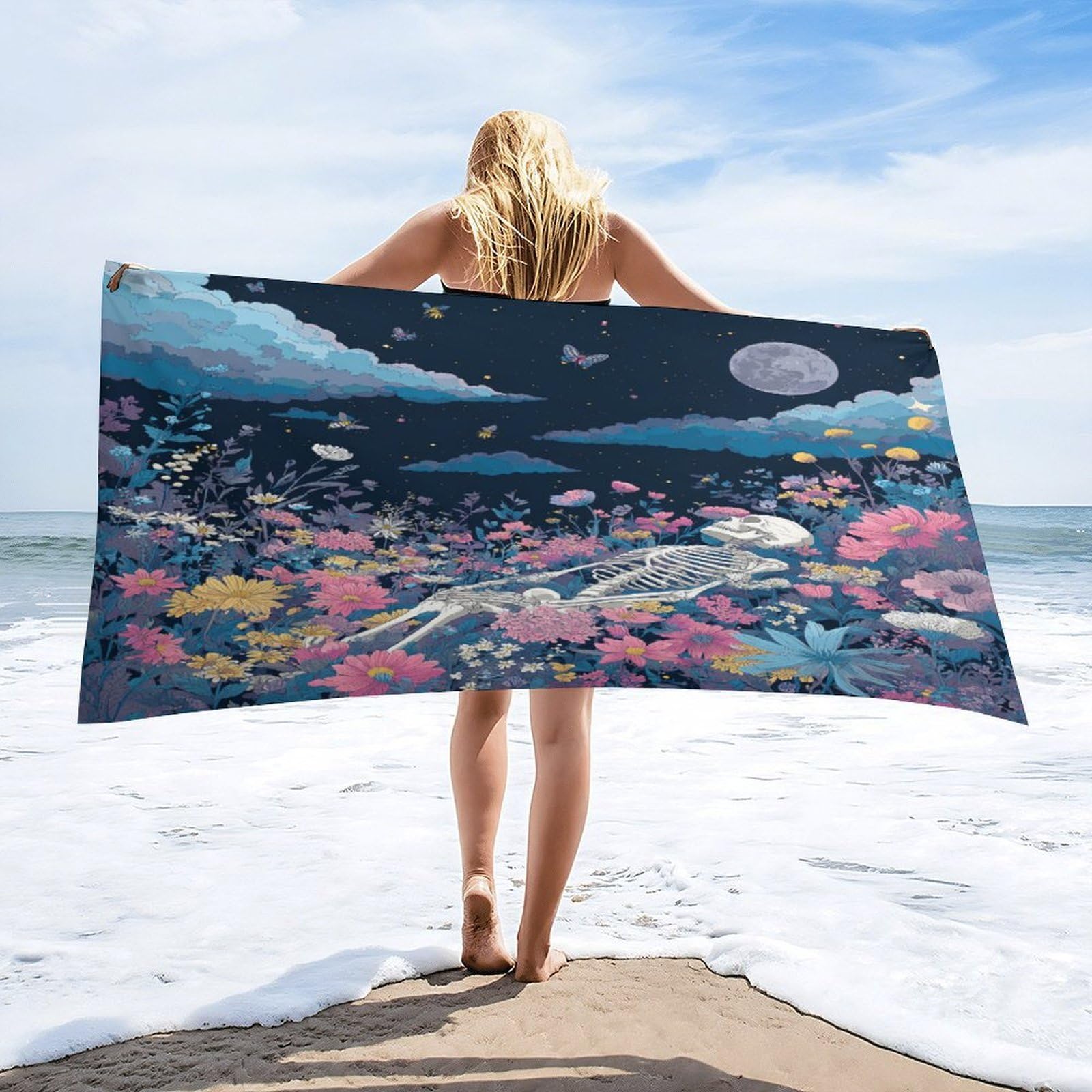 Luyysky Fantasy Rustic Skull Skeleton Absorbent Beach Towel, Modern Realistic Full Moon Animals Butterflies Plant Flowers Outdoor Single-Sided Velvet Beach Towel-80 W Cm X 160" L Cm