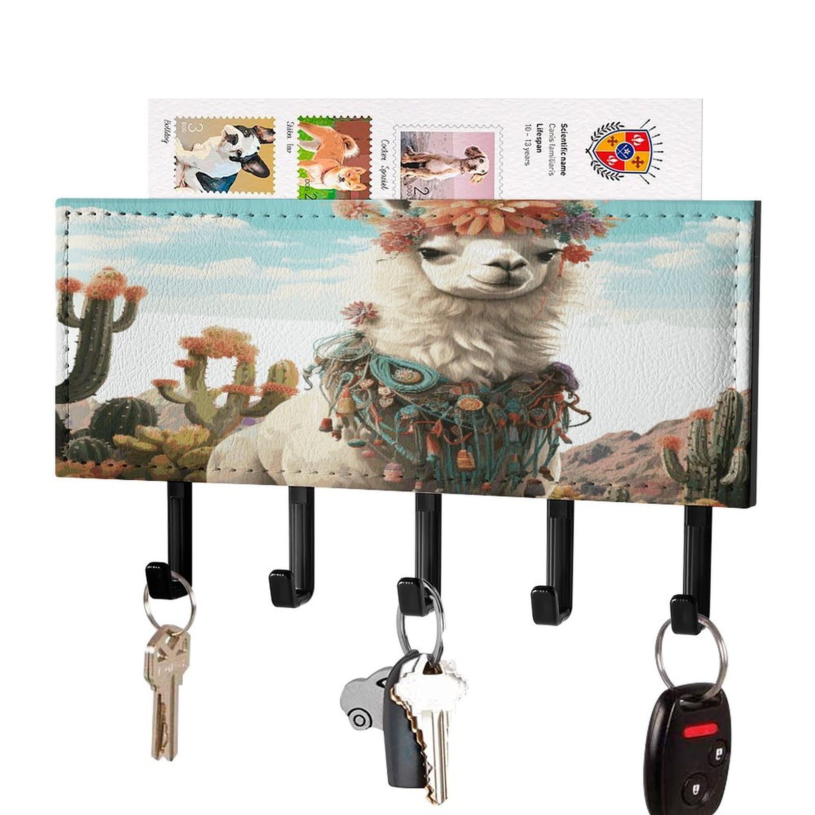 FekiLoot Mexican Llama Cactus Key Holder Wall Mount Key and Mail Holder Key Hanger with 5 Hooks Decorative PU Key Rack Hanging Key Hooks for Wall Living Room Kitchen Bathroom Hallway Black-Style