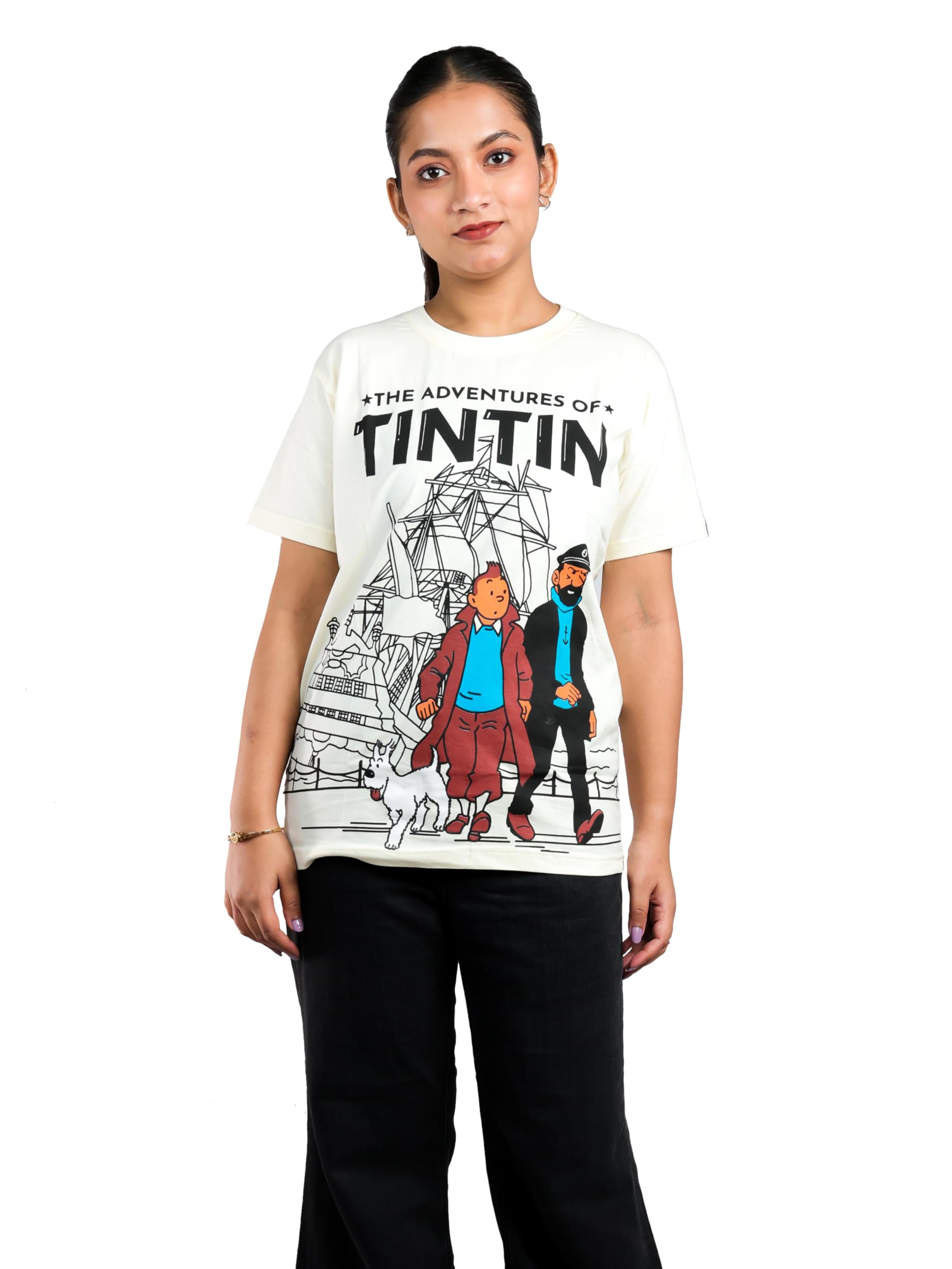 Adventure of Tintin Graphic Printed Tshirt for Women & Girls Pure Cotton Regular Fit Round Neck Half Sleeve Off White Casual Wear Soft Stylish Everyday T-Shirts-picture-47