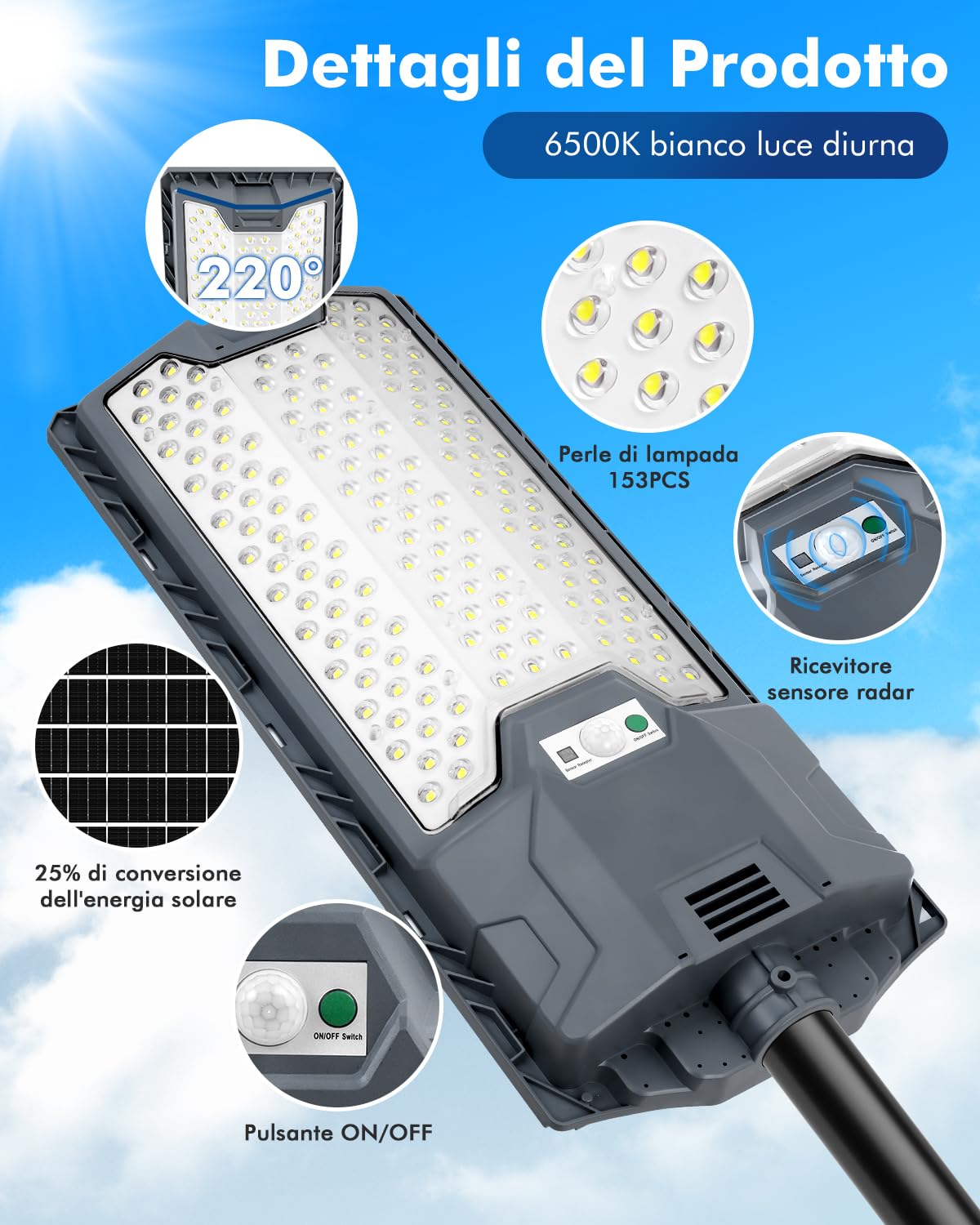 Sararoom Lampione Solare da Esterno 600W, Faro Led con Sensore di Movimento, 6500K Luce Stradale, IP65 Impermeabile Luci di sicurezza con Pannello Solari per Giardino,Strada,Garage,Parcheggio,Cortile