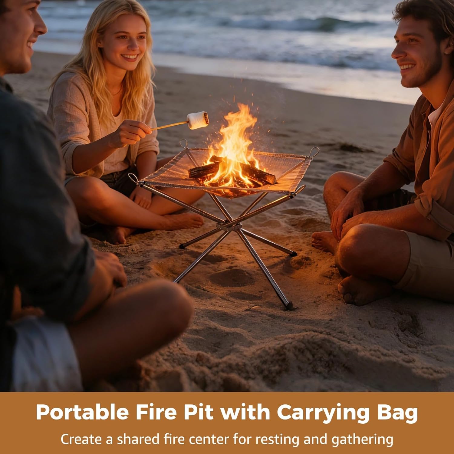 Portable Outdoor Fire Pit 22 Inch Foldable Stainless Mesh Fire Pit, Collapsible Camping Fire Pit Fireplace for Outside Camping, Backyard, Patio, Garden Holds 26lbs FireWood Burning