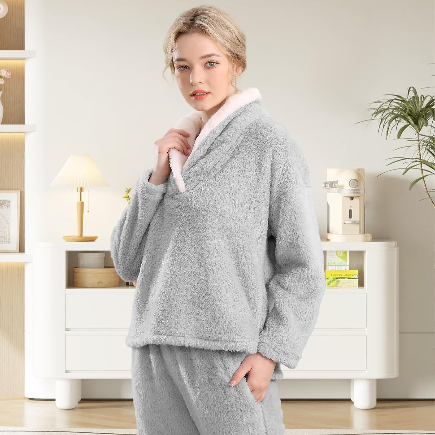 Fluffy Pajamas for Women Set Soft Comfy Fleece Pjs Pullover Pants Loose Plush 2 Piece Sleepwear Fuzzy for Winter - Image 6