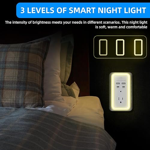 Miniatura 2 de Cargador de pared protector de sobretensión, extensor de salida con luz nocturna, cargador de pared USB con 2 puertos USB C y 2 puertos USB, regleta