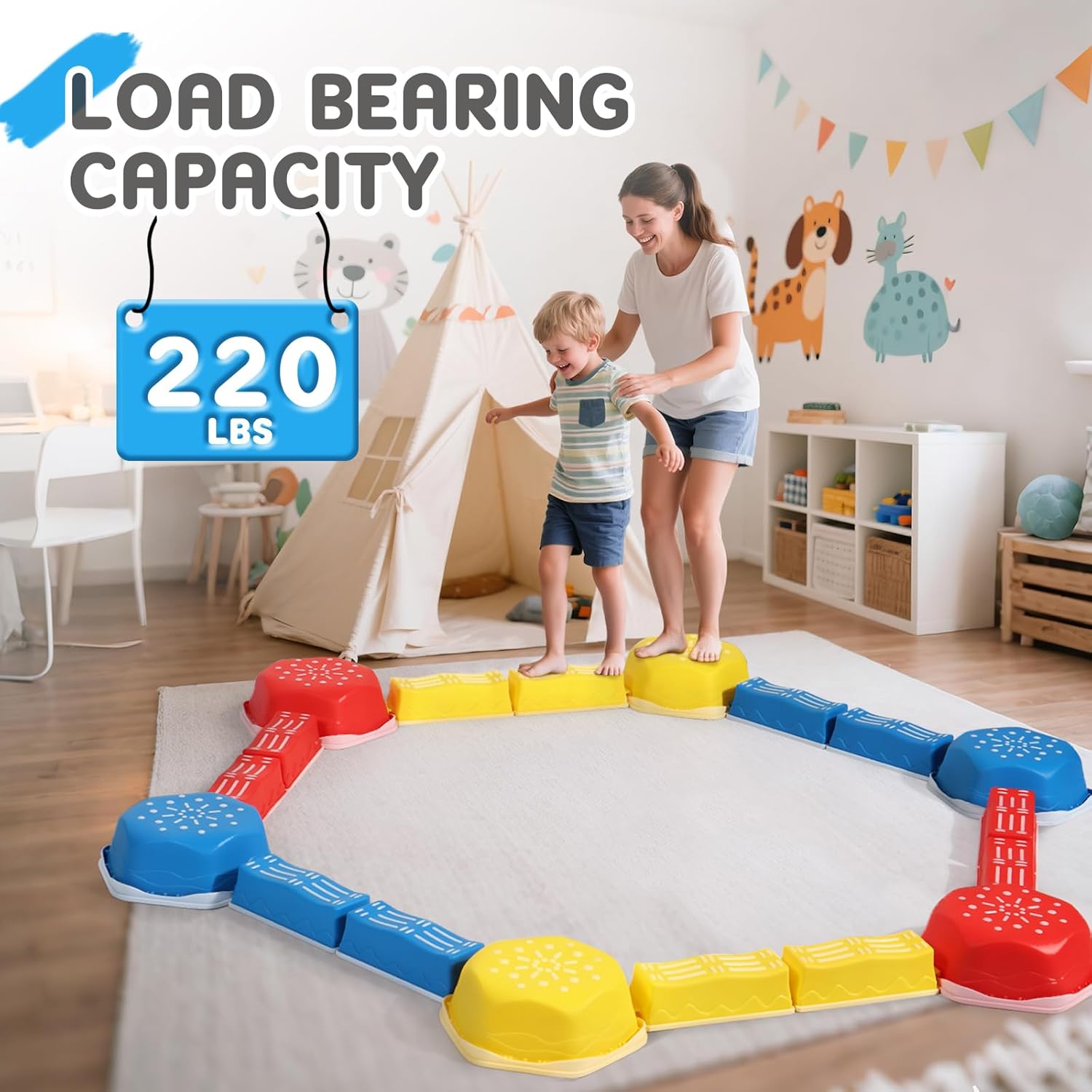 18 pieces non-slip balance beam stepping stones for kids 3 years + stackable obstacle course balance board for toddlers thicken plastic hold up 220lbs indoor outdoor sensory toy red