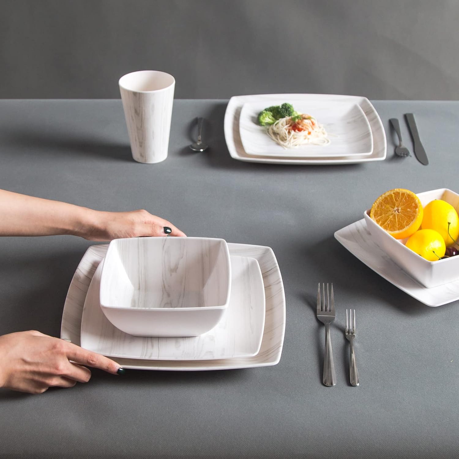 Melamine Dinnerware Set 16Pcs Wood-looking - Dish Dishware Square Mugs Tumbler Wood Grain Woodland Plastic Outdoor Plates Bowls Durable Service for 4 - Image 7