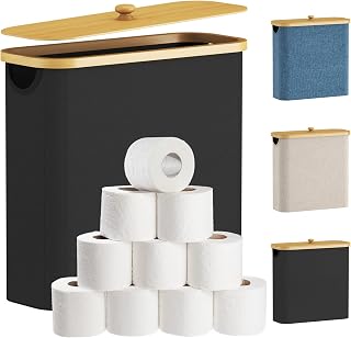 Lifewit 12 Rol 30L Toilet Paper Storage Basket, Bamboo Toilet Paper Holder | 12 to 16 Rolls, Extra Large Paper Stand with Bamboo Lid, Foldable Fabric Bathroom Organizer Box for Mega Rolls