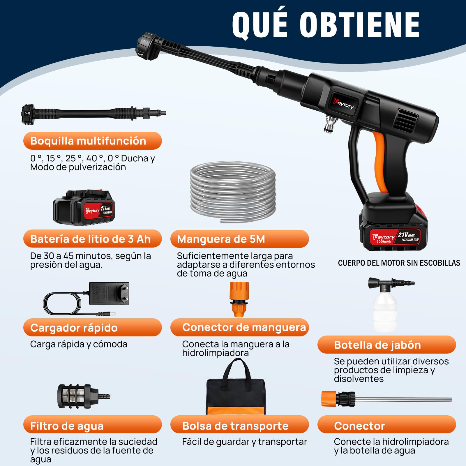 21V 45 Bar/652 PSI Hidrolimpiadora sin Cable, Hidrolimpiadora portátil con batería de 3.0Ah,Boquilla Ajustable 6 en 1,Manguera de 16.4FT Limpiadora a presión para Coche/Suelo/jardín Limpieza y riego