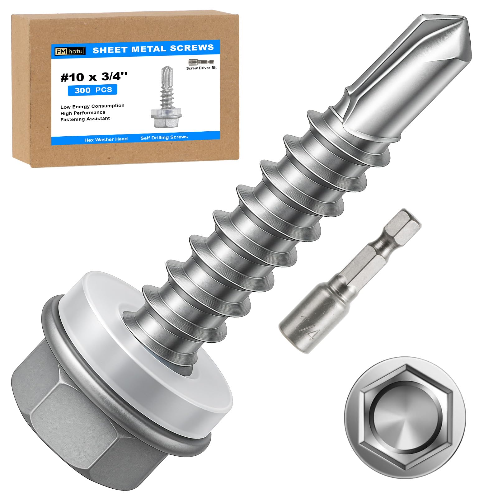 300Pcs Self Tapping Screws, Sheet Metal Screws #10x3/4, Self Drilling Screws for Metal with Hex Washer Head