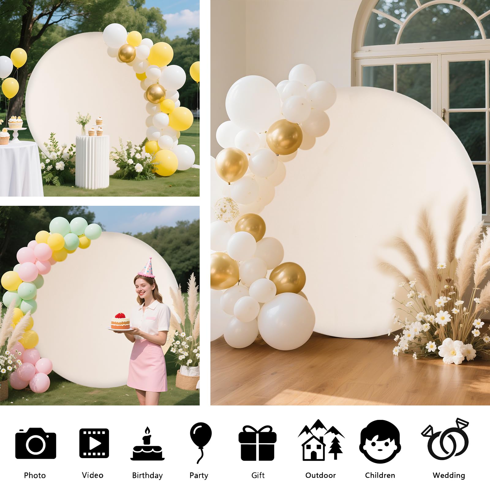 MEHOFOND Arrière-plan circulaire beige pur de 2 mètres (6,56 pieds) pour anniversaire, baby shower, mariage, décoration de fête personnalisée, bannière d'arrière-plan, accessoire de photographie de