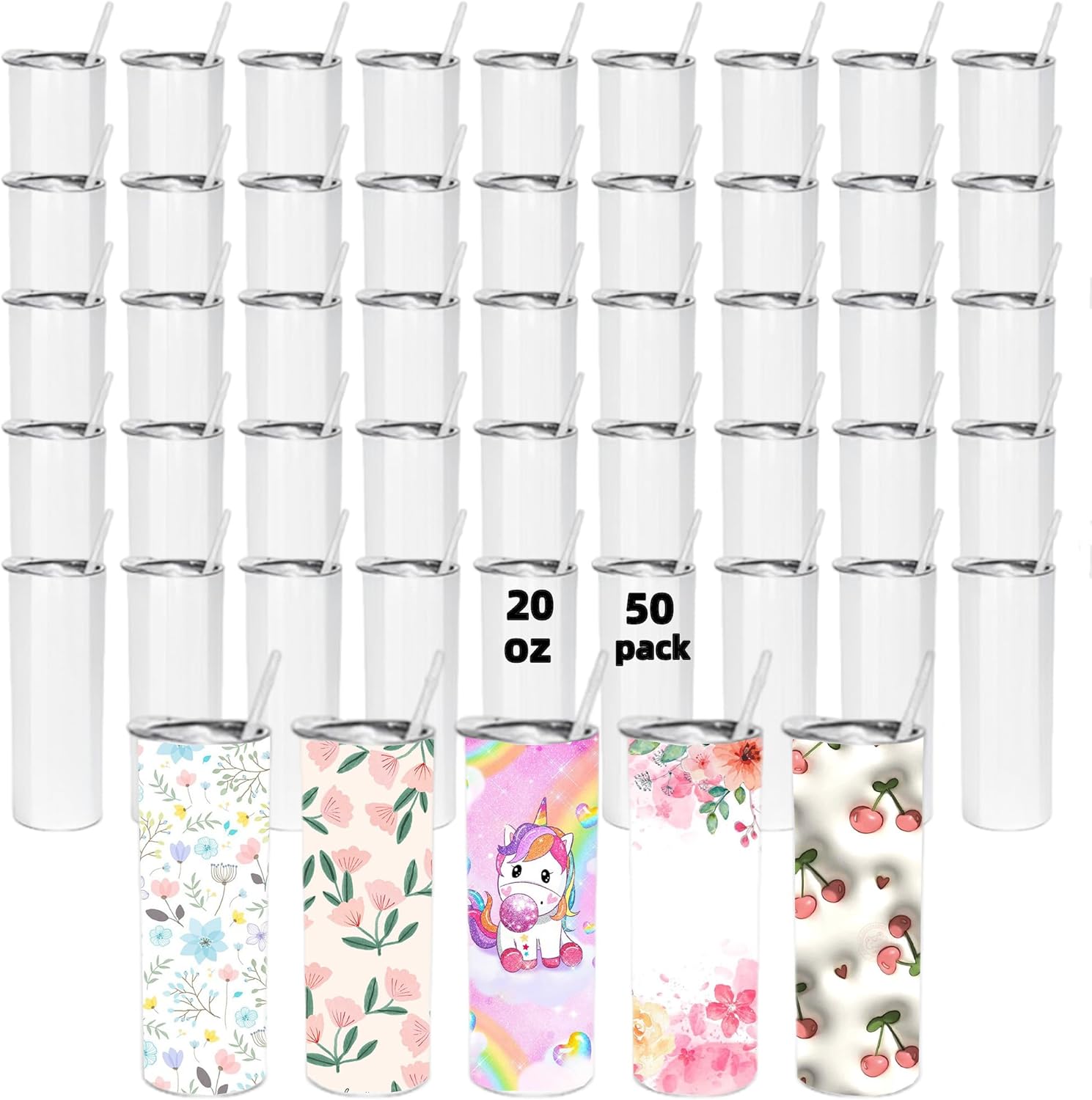 20 oz Sublimation Tumblers Blanks Skinny White, 50 Pack Stainless Steel Double Wall Insulated Straight Sublimation Cups with lid and strawfor Tumbler Heat Press Machine Sublimation Print