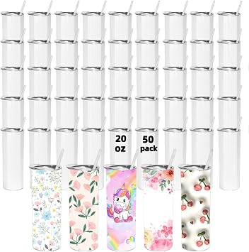 20 oz Sublimation Tumblers Blanks Skinny White, 50 Pack Stainless Steel Double Wall Insulated Straight Sublimation Cups with lid and strawfor Tumbler Heat Press Machine Sublimation Print