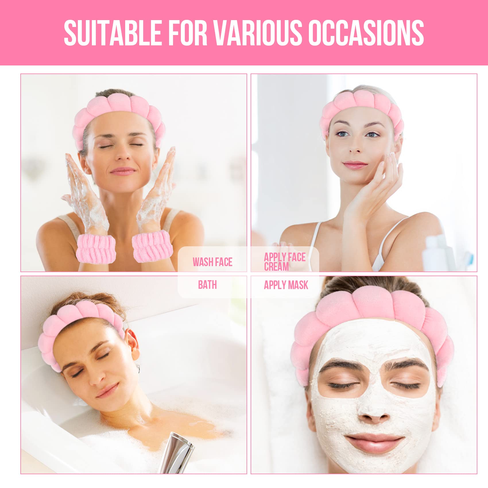 Fascia Per Capelli E Polsini Skincare 3 Pezzi - Morbido Velluto Corallino Con Orecchie Da Orsetto - Per Doccia, Trucco E Yoga - Rosa Fragola