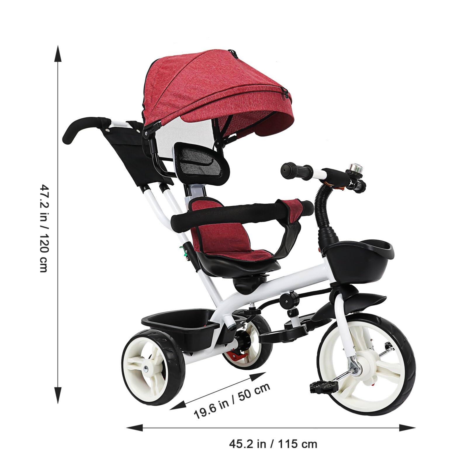 ERINGOGO Toddler Tricycle with Push Handle,Tricycle for Toddlers 1-3,Adjustable Push Handle, Control Direction, Retractable Canopy, Safety Harness, Belt, 120.00X115.00X50.00CM, Red