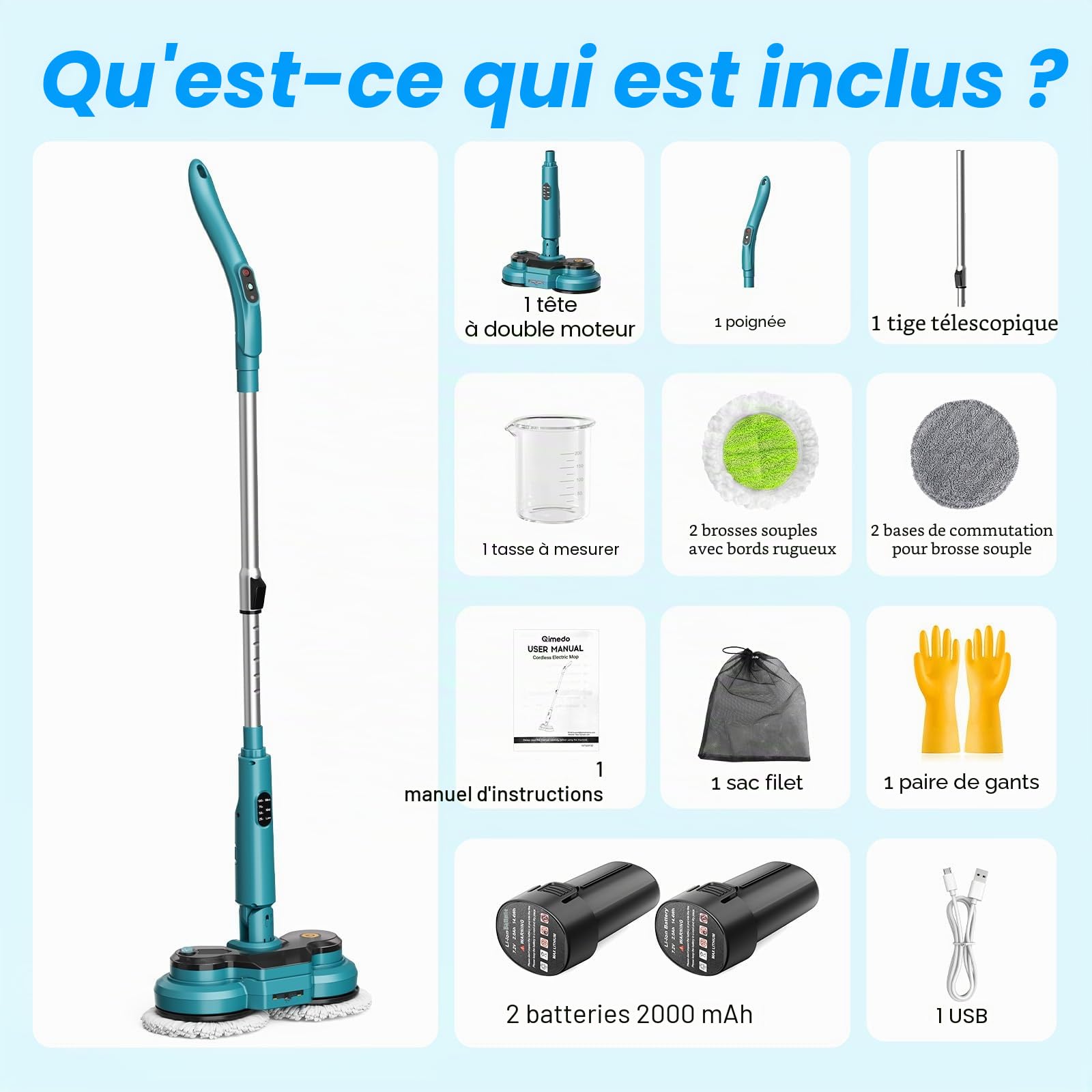 Balai Électrique Sans Fil avec 2 Batteries de 2000 mAh, Balai à Double Rotation avec Pulvérisateur/Phare LED/ Écran Intelligent,Serpillere Electrique avec Réservoir d'eau de 300 ML Pour Sols Multiples