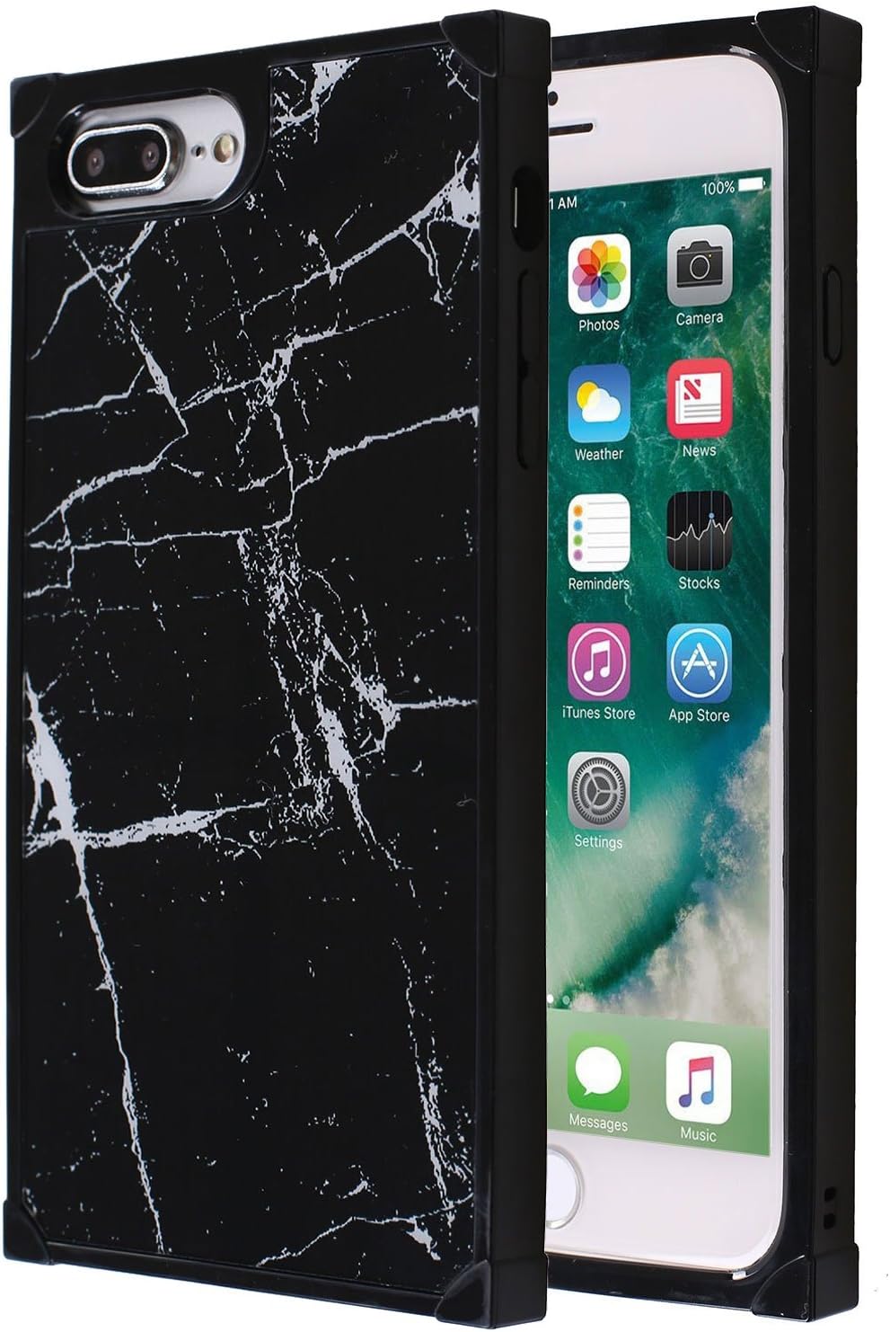 Marble Square iPhone 8 Plus Case, Glossy Mirror Shockproof Stylish Cover Square Protective Back Case for iPhone 7 Plus/iPhone 8 Plus (Marble Black)