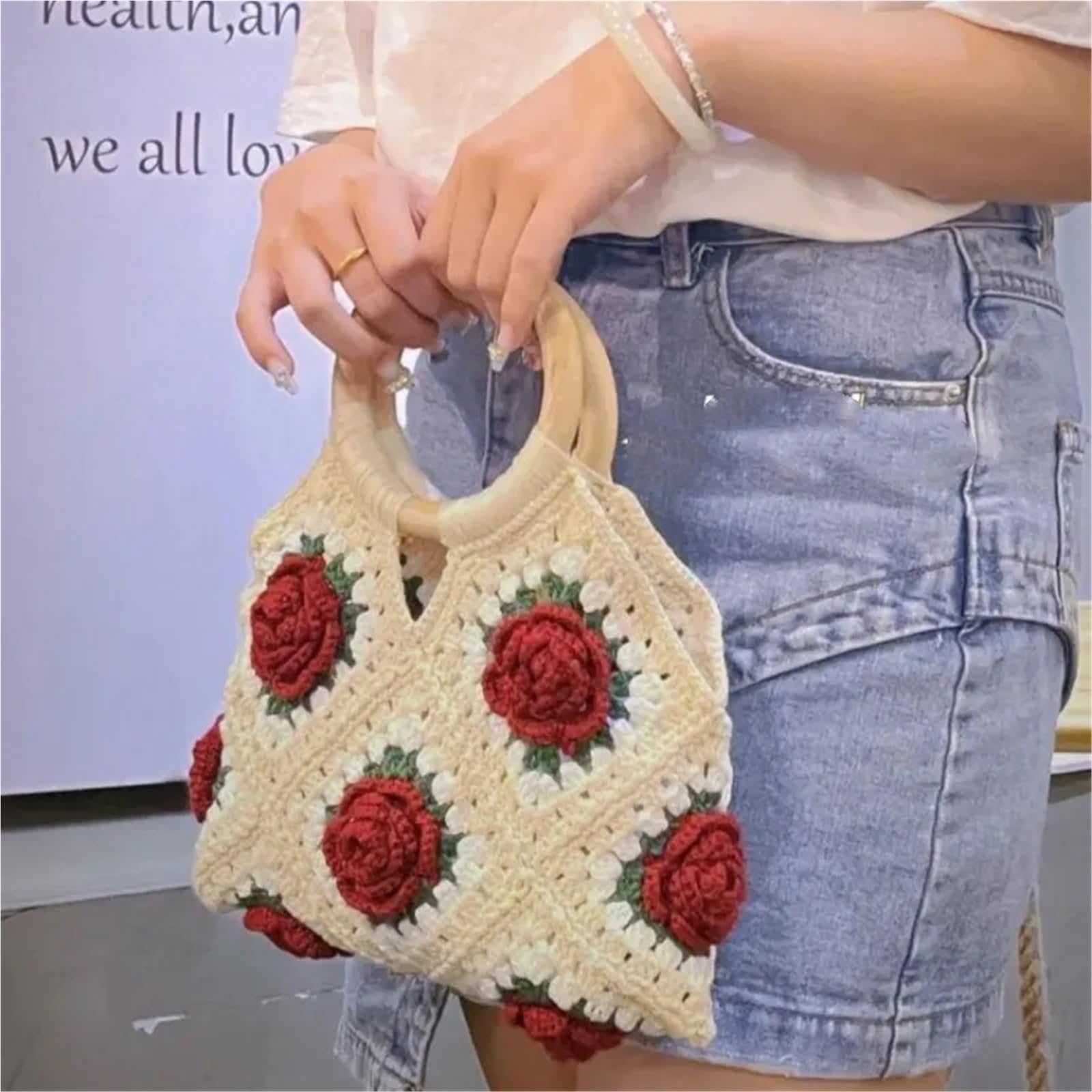 Borsa da spiaggia da polso con fiore di rosa all'uncinetto for donna