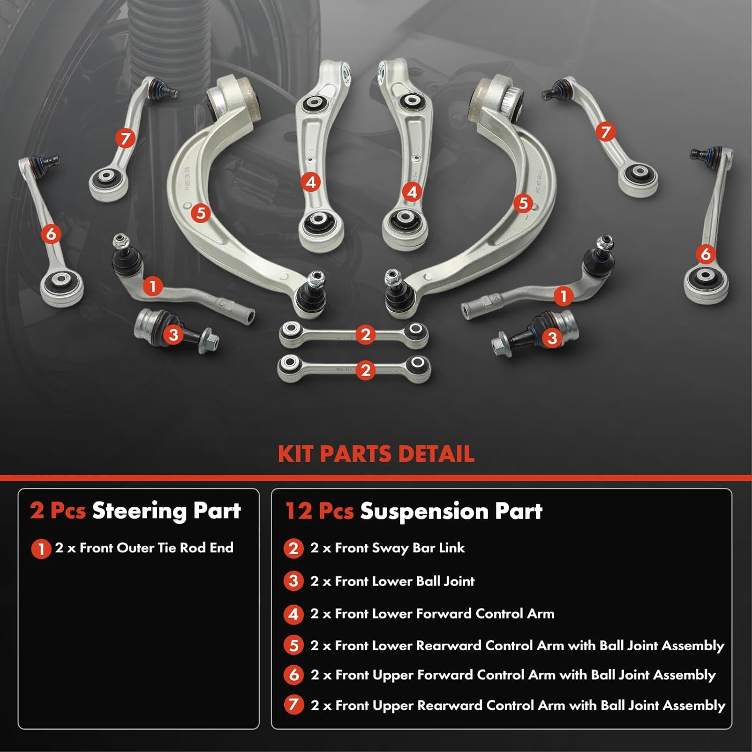 A-Premium Set of 14, Front Upper and Lower Control Arm, Lower Ball Joint, Sway Bar Link, Outer Tie Rod End, Compatible with Audi A4 Quattro 2009-2010, A5 Quattro 2008-2009, S4 2010, S5 2008-2009