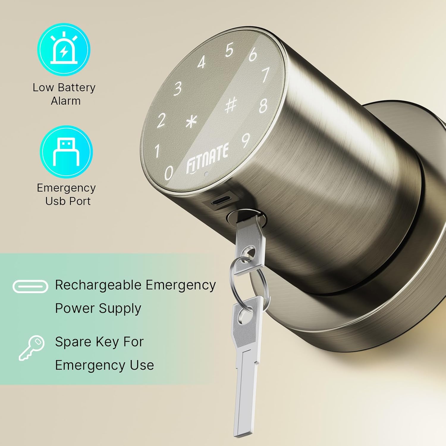 Low battery alarm, emergency USB port, and spare key for the door knob