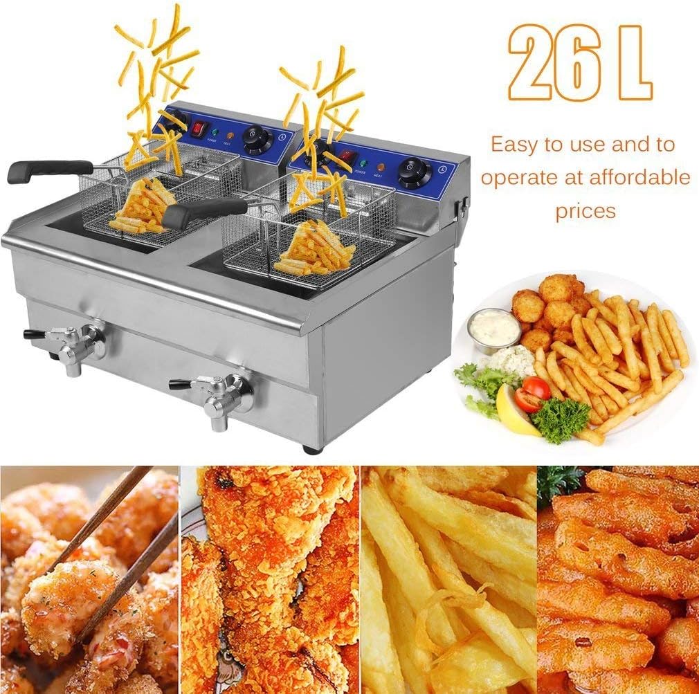 Chennly Dual Tank Electric Deep Fryer - 20L 5000W Stainless Steel Commercial Electric Deep Fat Fryer with Basket & Drain, Professional Large Temperature Control Fryer