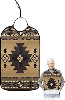 Adult Bibs for Elderly Women - Southwestern America Waterproof Dining Clothing Protectors with Crumb Catcher for Eating/Feeding, Brown Tribal Geometric Ethnic Vintage Terry Cloth Bib Washable