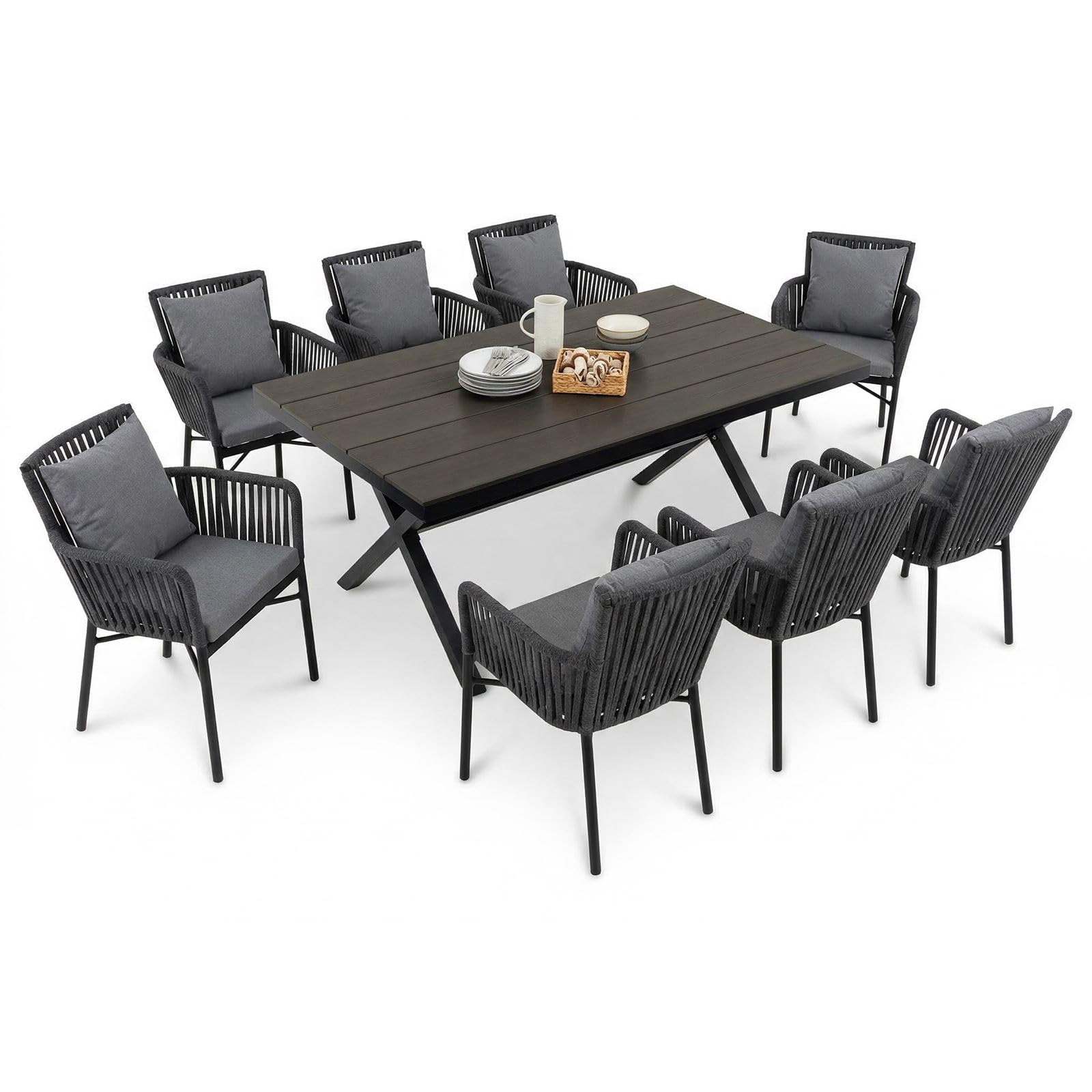 IDIMEX Gartenmöbel-Set AFUERA Tisch mit 8 Stühlen, Schwarz - Outdoor Essgruppe für bis zu 8 Personen, wetterfest und pflegeleicht, Wasserabweisende Sitzkissen, ideal für Terrasse, Balkon und Garten