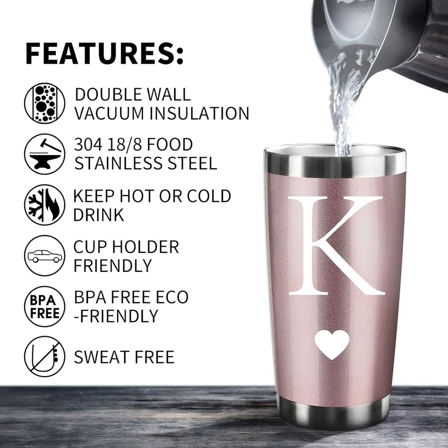 Personalized Initial Gifts 20 Ounces Stainless Steel Travel Car Tumbler Rose Gold Insulted Mug Wedding Bridesmaid Birthday Graduation Gift for Men Women Monogrammed Gift (K) - Image 3