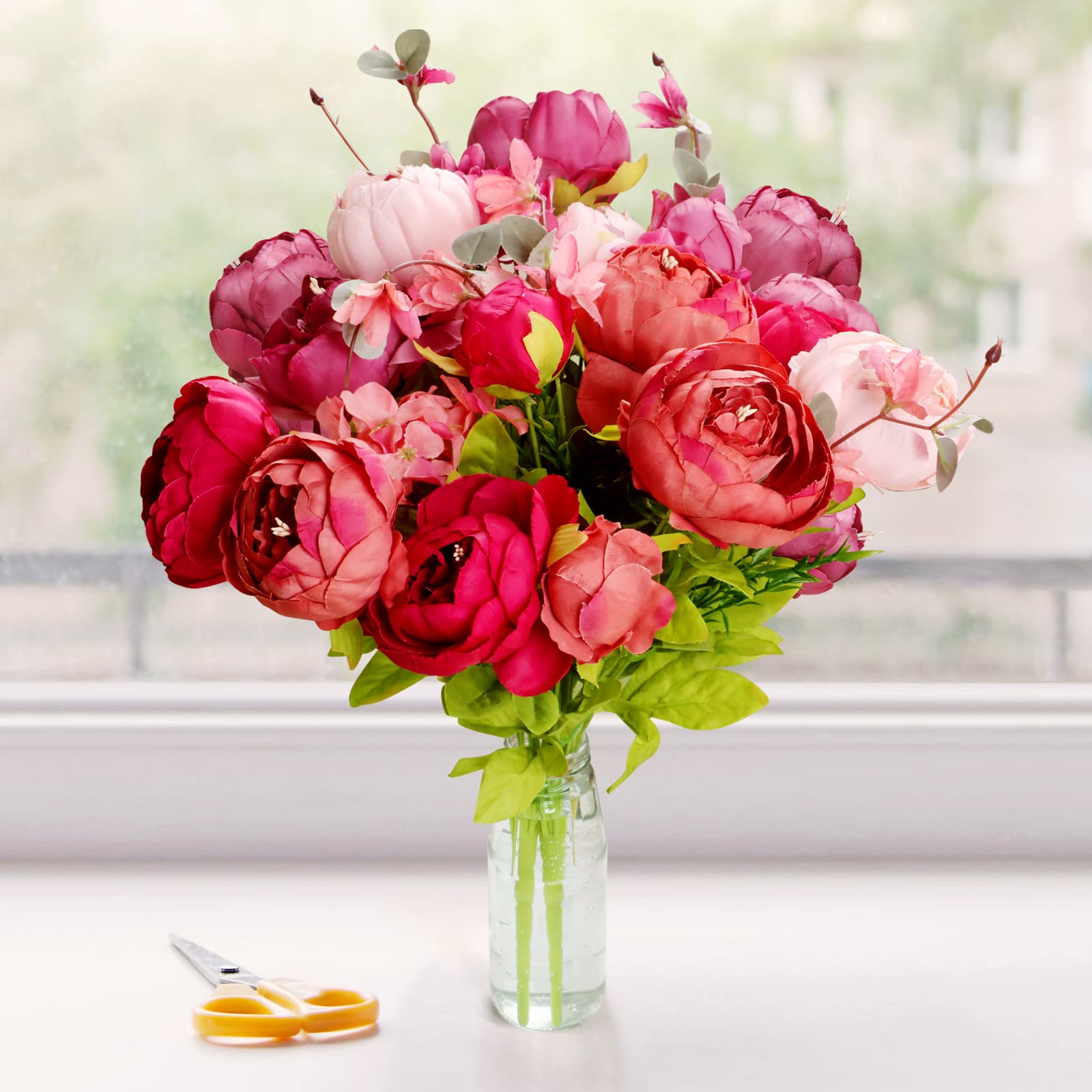 TRIXES Bouquet de 13 Pivoines en Soie, Fleurs Artificielles en Soie, Roses